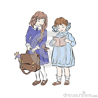 Classmate girls stand together. Girl reading book. Vector Illustration